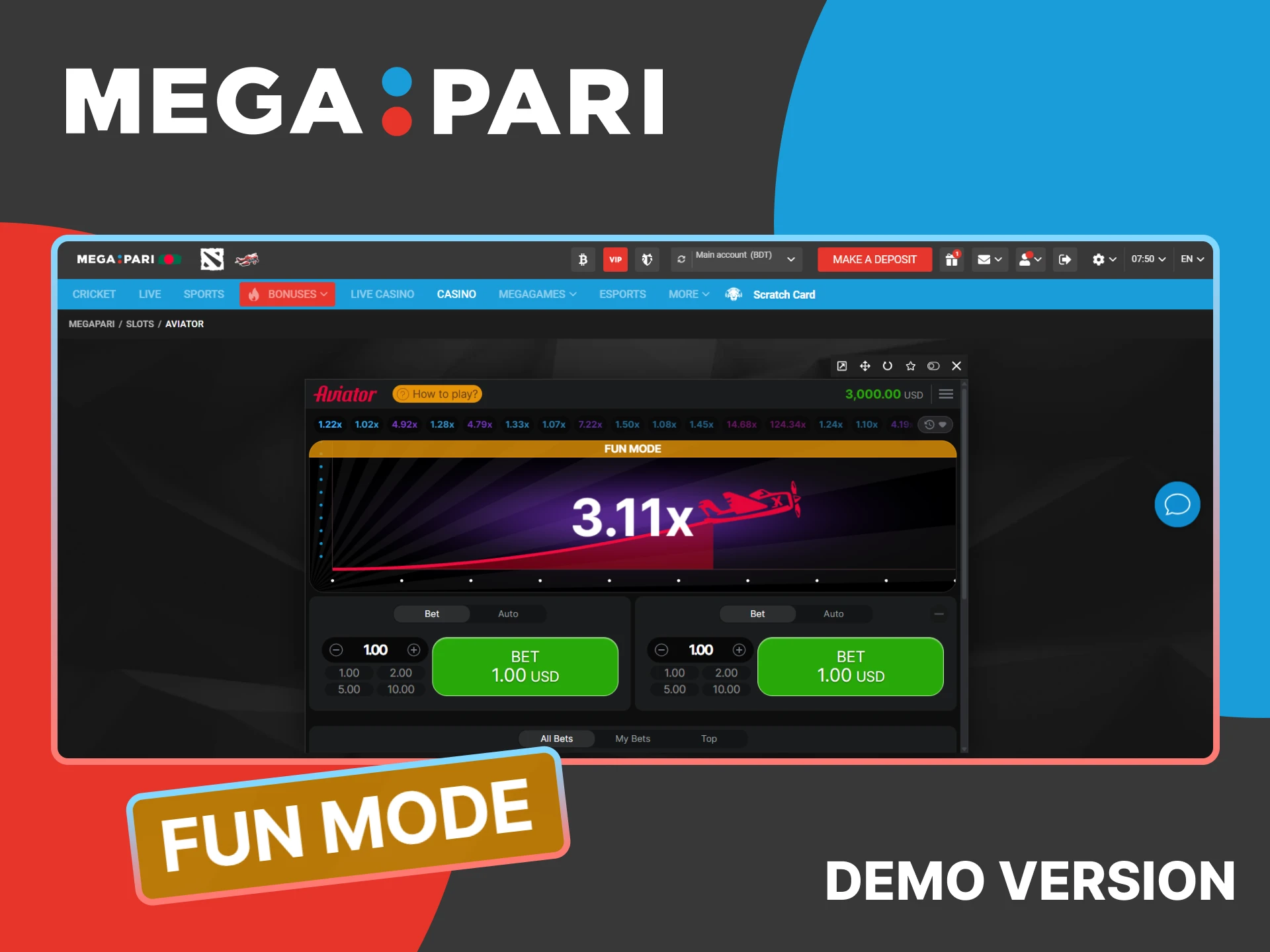 MegaPari provides a demo version of the Aviator game.