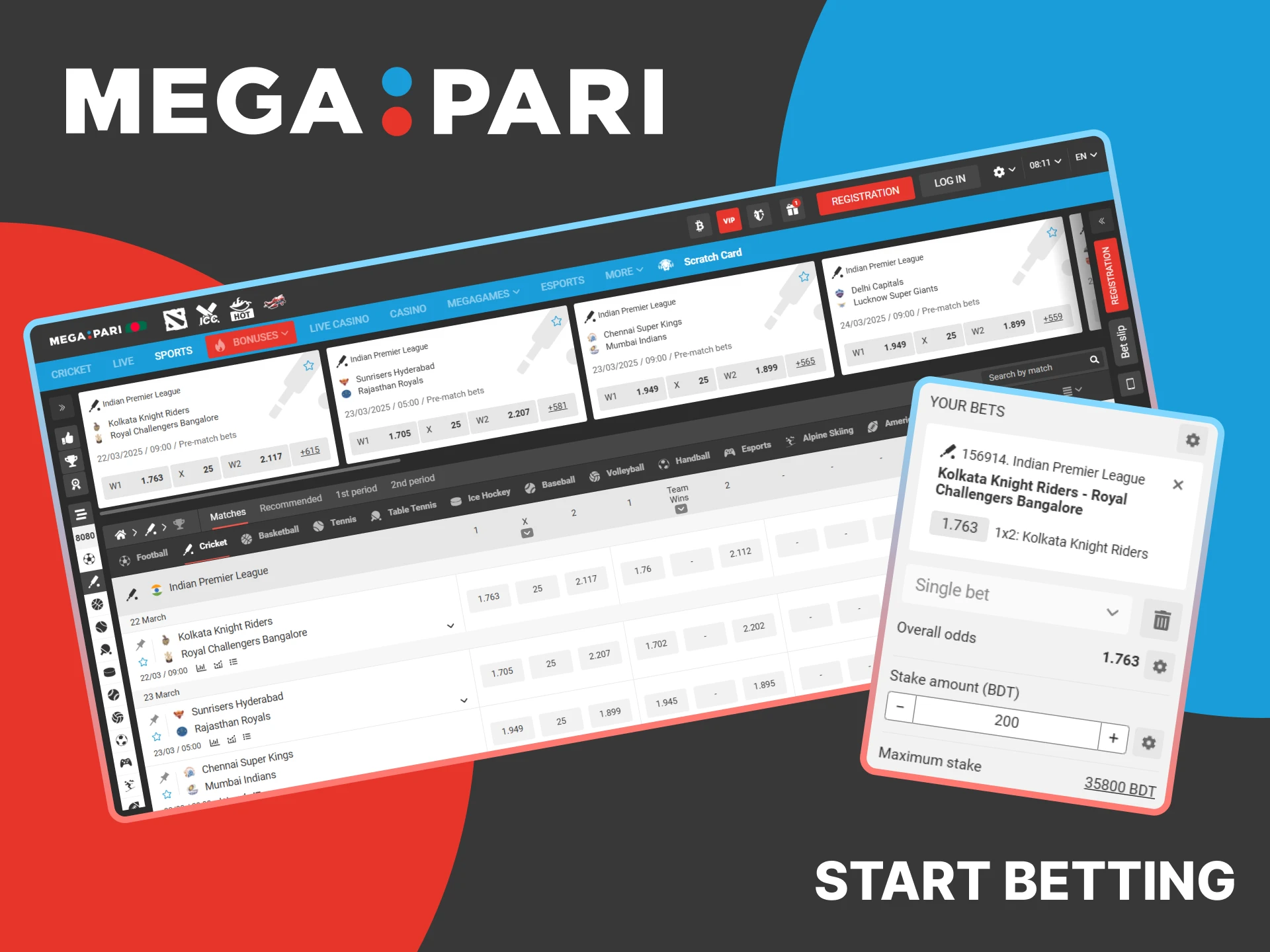 Create a MegaPari account and start betting on cricket.