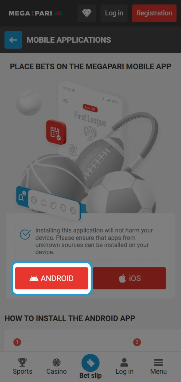 Open the mobile apps page and click on the MegaPari app for Android.