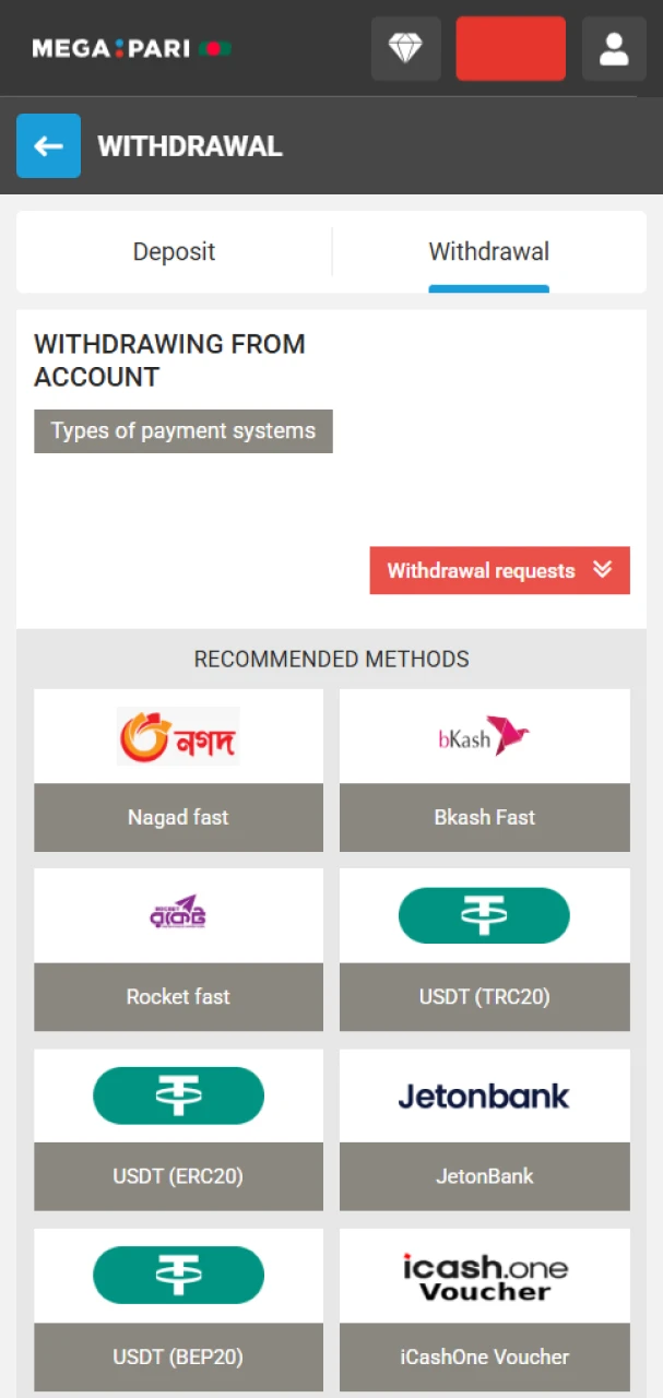 Select a payment system to withdraw money from MegaPari.