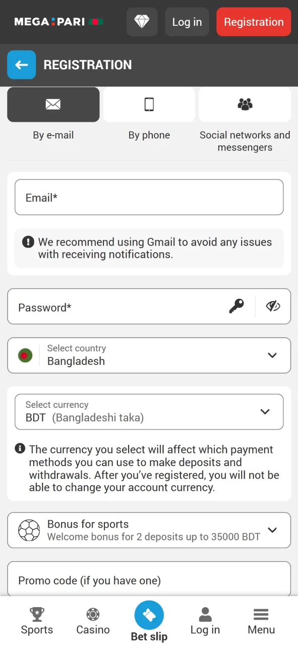 Create an account on MegaPari.